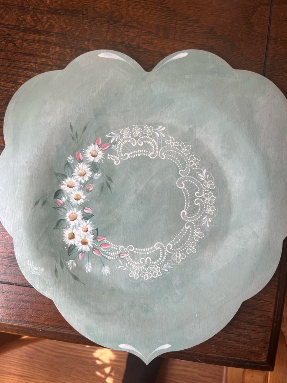 Hand-Painted Floral Wreath Decorative Tray in Sage